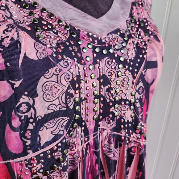 Cato Womens Dye Print Stretch Dress Studded Floral Paisley V-Neck Short Sleeve L - Picture 9 of 15